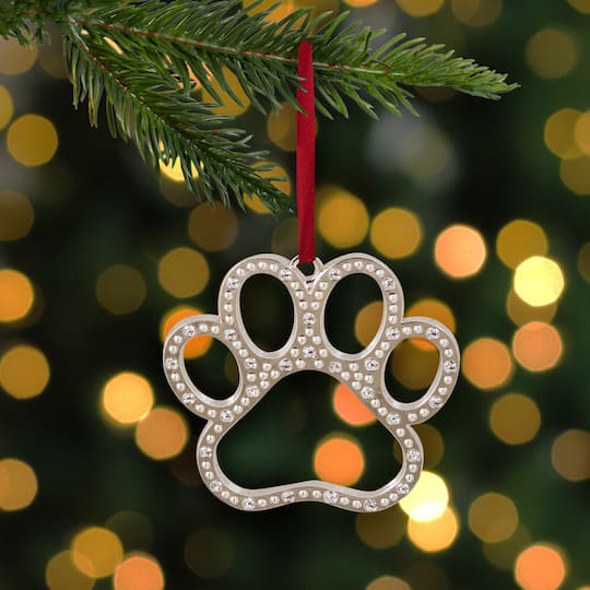 2.5" Silver & Red Paw Print with European Crystals Ornament